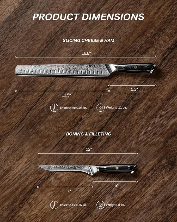 KYOKU Knife Set, Shogun Gin Series 2pc Japanese Style Kitchen Knife Set for Cooking, 7" Boning 12" Slicing Knife with Silver Ion Blade Sheath Gift Box, Ultra Sharp Damascus Stainless Steel Knives