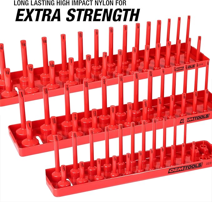 OEMTOOLS 22237 6 Piece SAE and Metric Socket Tray Set, SAE and Metric Socket Storage for Sizes 1/4", 3/8?? and 1/2" Drive, Socket Holders and Socket Organizer Tray for Toolbox, Red and Blue