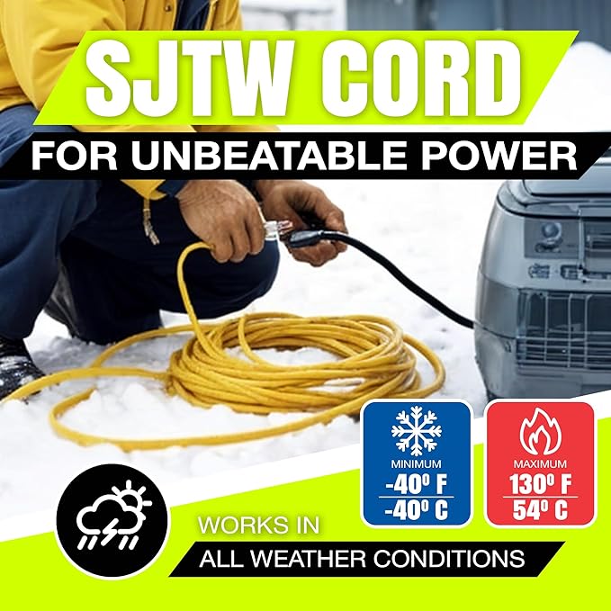200ft Outdoor/Indoor Extension Cord 12/3 Gauge Extra Heavy Duty 3 Prong SJTW, Waterproof, Flexible Cold-Resistant Long Power Cord,8A 125V 1000W, Yellow by LifeSupplyUSA