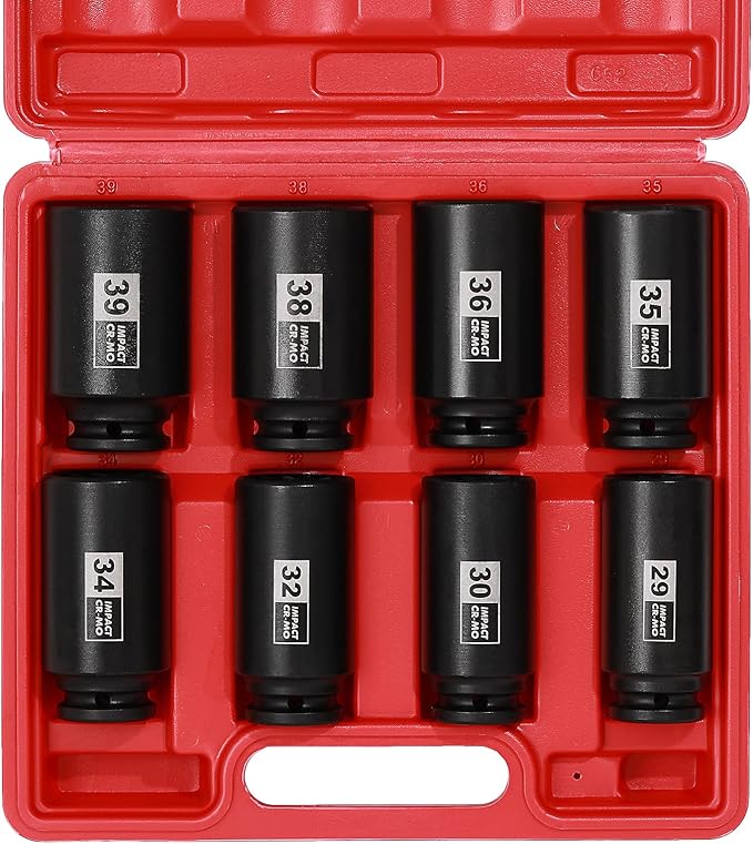 EMENTOL 8PCS 1/2" Drive Deep Spindle Axle Nut Impact Socket Set, CR-MO, 12 Point, Metric, Deep Socket Impact Socket Set-29,30 32, 34, 35, 36, 38, 39mm