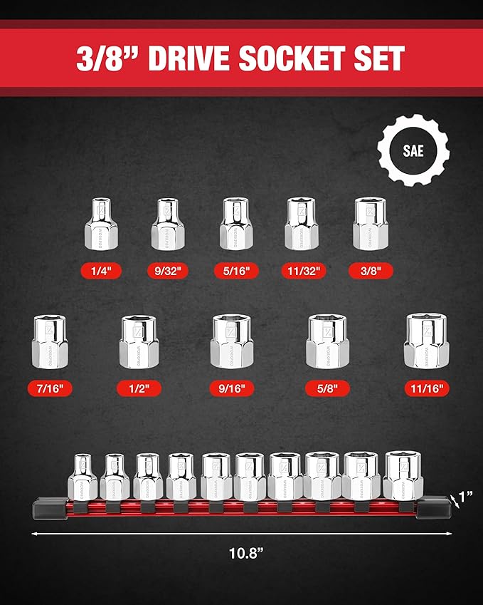 WORKPRO 3/8" Drive Socket Set, 10-Piece SAE CR-V Socket Set with Sturdy Socket Organizer, 6-Point Standard & Shallow Sockets 1/4" to 11/16", External Hex Socket Set with Socket Rail for Anti Rolling