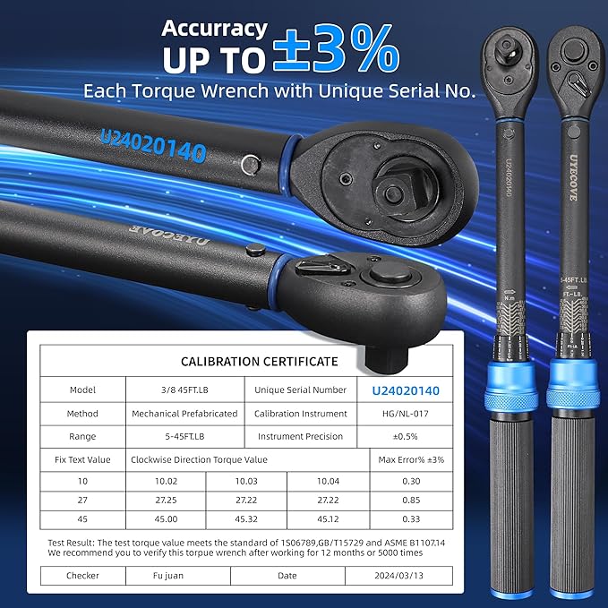 UYECOVE 3/8-Inch Drive Click Torque Wrench, Dual-Direction Click Professional Torque Wrench 5-45FT.LB/6.8-61N.M, Dual Range Scales Graduated in FT.LB and N.M, Blue