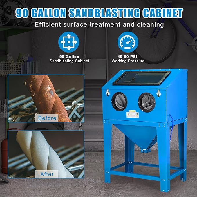 90 Gallon Sandblasting Cabinet,40-80PSI Sand Blasting Cabinet with Glass Viewing Windows/LED Light, Heavy Duty Sand Blaster with 4 Nozzles & Blasting Gun for Paint, Rust Removal Blue