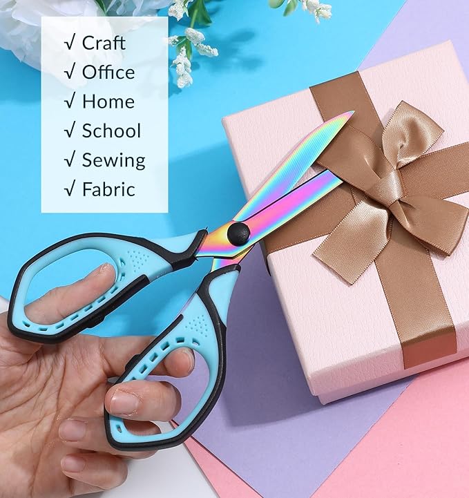 Scissors with Case, 1 Pair of Stainless Steel Titanium Coated Multi-purpose Scissors, Fabric Sewing Office Craft Soft Grip Pointed Shears Cutter for Home School Supplies (Blue & Rainbow)