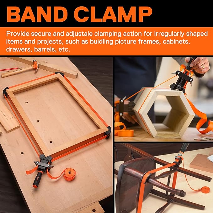 PONY 5-in-1 Strap Clamp with 4-Pack 6-2/7" Spring Clamps, Woodworking Frame Clamping Strap Holder, Rapid Acting Band Clamp