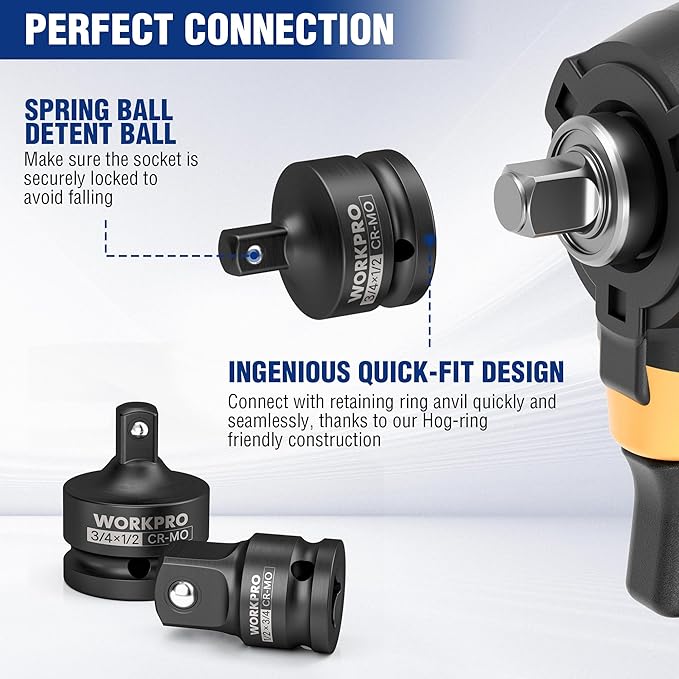 WORKPRO 3/4" F to 1/2" M Impact Socket Adapter, Cr-Mo Steel, Socket Adapter Set for Impact Driver Conversions, Square Drive Reducer for Impact Driver Wrench