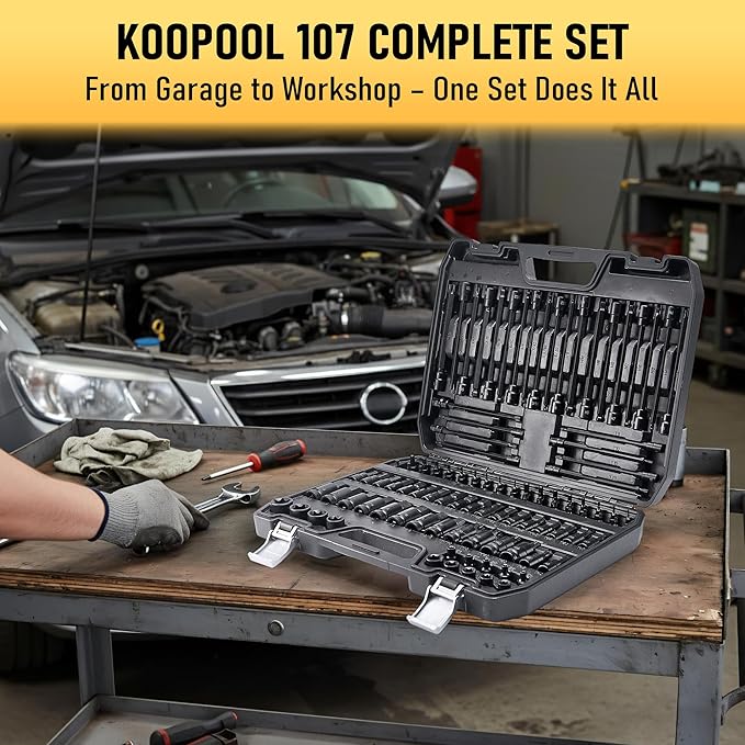 107-Piece Master Torx & Allen Bit Socket Set, S2 Steel, 1/4" 3/8" 1/2" Drive, Long Torx, Ball End Hex, Tamper-Resistant Star, E-Star Sockets, SAE & Metric (Phosphate-Black Set)