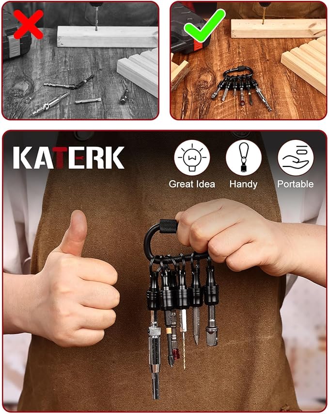 katerk 6pcs Bit Holder with Carabiner Socket for Mens Gift, 1/4 inch Hex Shank Aluminum Alloy Screwdriver Bit Holders, Quick Release Easy Change Impact Driver Drill Bit Keychain Extension (Black)