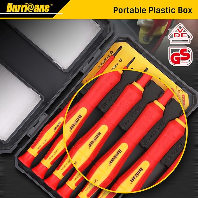 HURRICANE 1000V Insulated Screwdriver Set, 6 Piece Precision Electrician Screwdriver Set with Magnetic Tips for Electrical Repairs (Slotted 1.8/2.0/2.5/3.0mm, Phillips PH00/PH0) with Storage Case