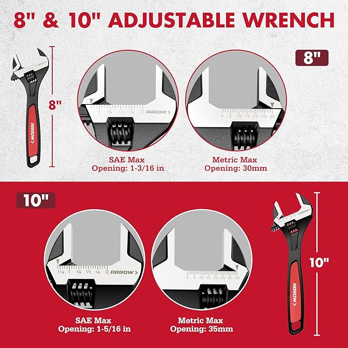 ARROW 2 PCS Adjustable Wrench Set, 8-Inch & 10-Inch Wrenches, Cr-V Steel, Wide Jaw Black Oxide Wrench with Inch/Metric Laser Scales, Non-Slip Grip & Hanging Hole, for Home, Garage, Workshop and DIY