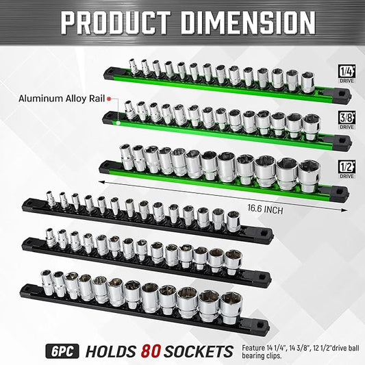 ALOANES 6-Piece Magnetic Socket Organizer, Heavy Duty Aluminum Socket Rails Organizer, 360째 Swivel Clips Socket Holder Kit for Tool Box, 1/2, 3/8, 1/4-Inch Socket Holder x 80 Clips (Green&Black)