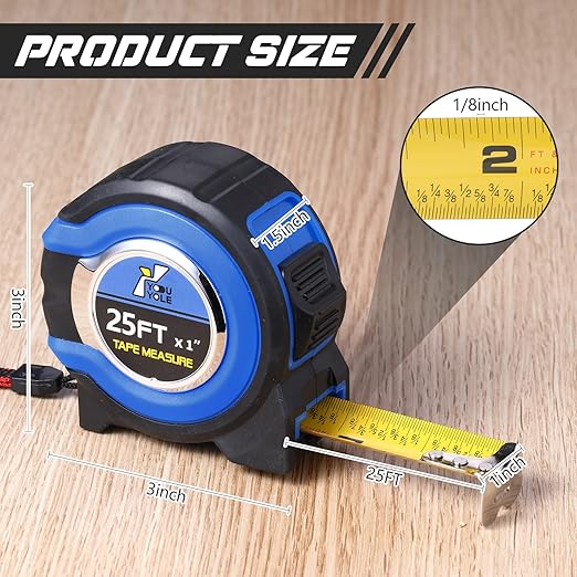 Youyole 10 Pack Tape Measure with Fractions 1/8 Steel Measuring Tape Retractable Easy Read Measurement Ruler Steel Power Blade (25 ft X 1 in,Blue)