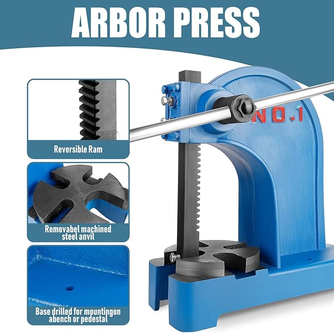1.5 Ton Arbor Press with 3 Attachments, Robust Cast Iron Construction and V-Groove Table for Versatile Stamping, Bending and Forming Operations