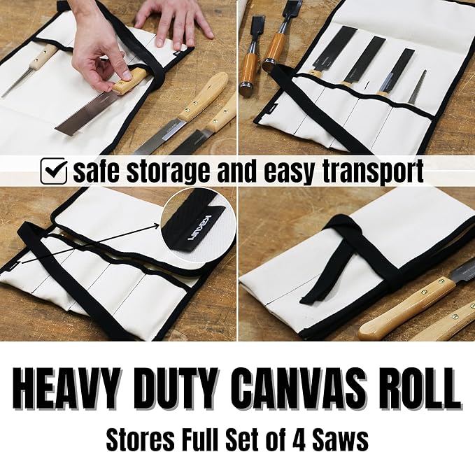 KAKURI Mini Japanese Pull Saw Set with Carrying Case - Ryoba Double Edge 5", Flush Cut 5", Dozuki Dovetail Fine Cut 5", Keyhole 3" - Made in Japan