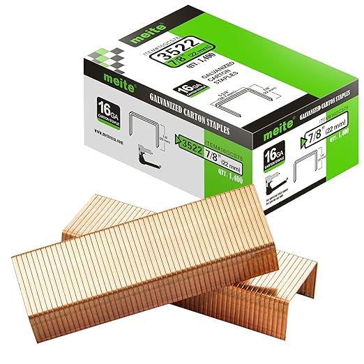 meite Carton Closing Staples 16 Gauge 1-3/8" Wide Crown 7/8" Leg Copper-Coated Box Staples for Pneumatic or Manual Box Stapler Cardboard Sealer Packaging (2,800PCS)