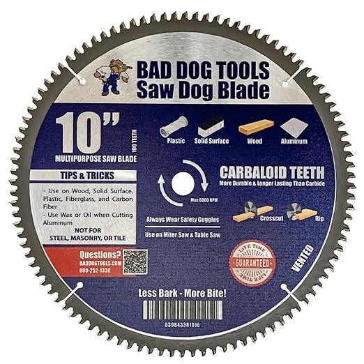 Bad Dog Tools Saw Dog 10 inch Circular Blade with 5/8 inch Arbor Hole. 100-Tooth Carbide Tipped Finish Blade for Wood & Multiple Materials. Use with Circular, Miter or Table Saws