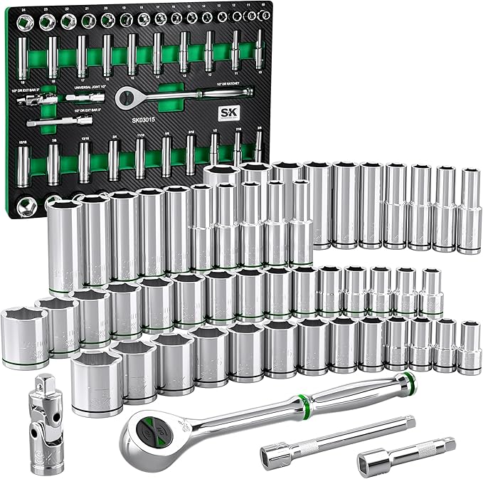 SK 1/2" Drive Socket Set with 160-P Ratchet, 52-Piece, SAE & Metric, SuperKrome Finish, Premium CR-V Construction, with EVA Foam Tool Organizer
