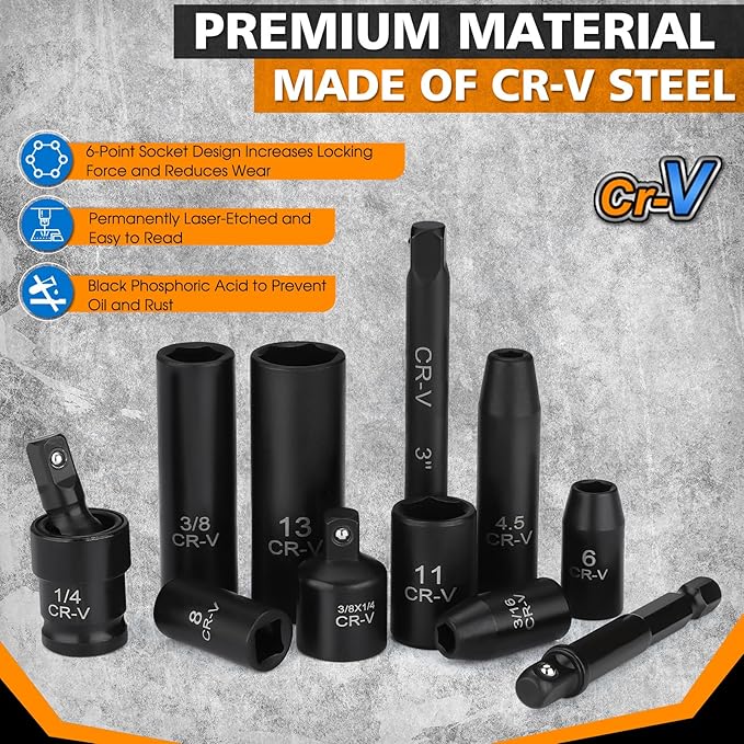 1/4" Drive Impact 56-Piece Socket Set, Standard SAE (5/32 to 9/16 inch) & Metric (4-15mm), 6 Points, CR-V, 1/4-Inch Drive Ratchet Handle, Drive Extension Bar & Impact Universal Joint with Case