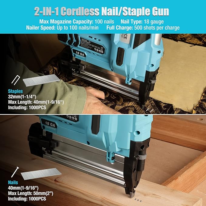 DURATECH 20V 18GA Cordless Brad Nailer, 2-in-1 Nail/Staple Gun for Carpentry & Upholstery, Including 2.0Ah Rechargeable Battery, 1H Quick Charger, 1000 Nails, 1000 Staples and Carrying Case