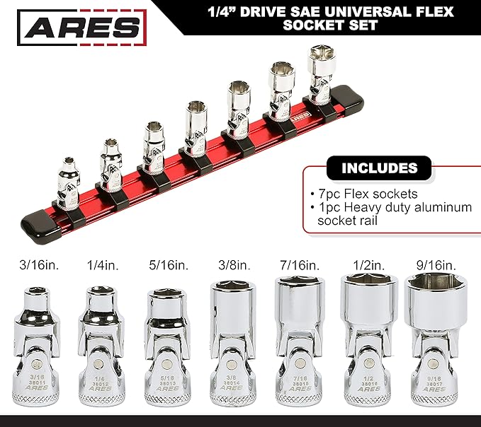 ARES 39014 ??7-Piece 1/4-Inch Drive SAE Universal Flex Socket Set ??6-Point Sockets from 3/16-Inch to 9/16-Inch - Universal Joint Flex Design For 360 Degree Access ??High Visibility Laser Markings