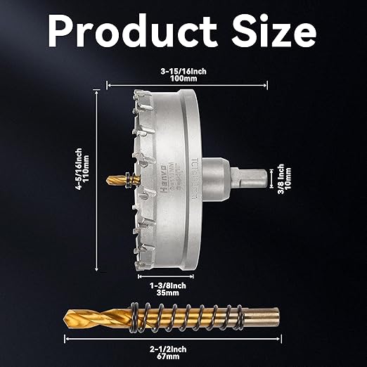 Hole Saw 4-5/16" (110mm) Heavy Duty Carbide with 2 Pilot Drill Bits - Metal Hole Cutter Cuts Stainless Steel, Iron, Copper, Brass, Plastic