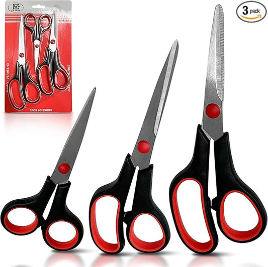 3-pack All Purpose Scissors 3 Sizes Ultra Sharp SS Blades Comfort Non-Slip Ergonomic Handle Great as Office Gifts, Home, Kitchen Shears, School, Sewing Fabrics, Crafts, And Multipurpose