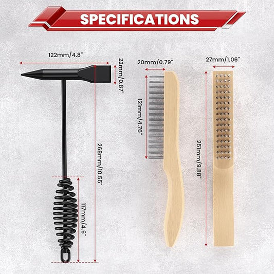 bestarc Welding Chipping Hammer and Wire Brush Set, 10.5" Slag Hammer with Coil Spring Handle, Cone and Vertical Chisel, 9.8" Wire Brush for Rust, Spatter Removal