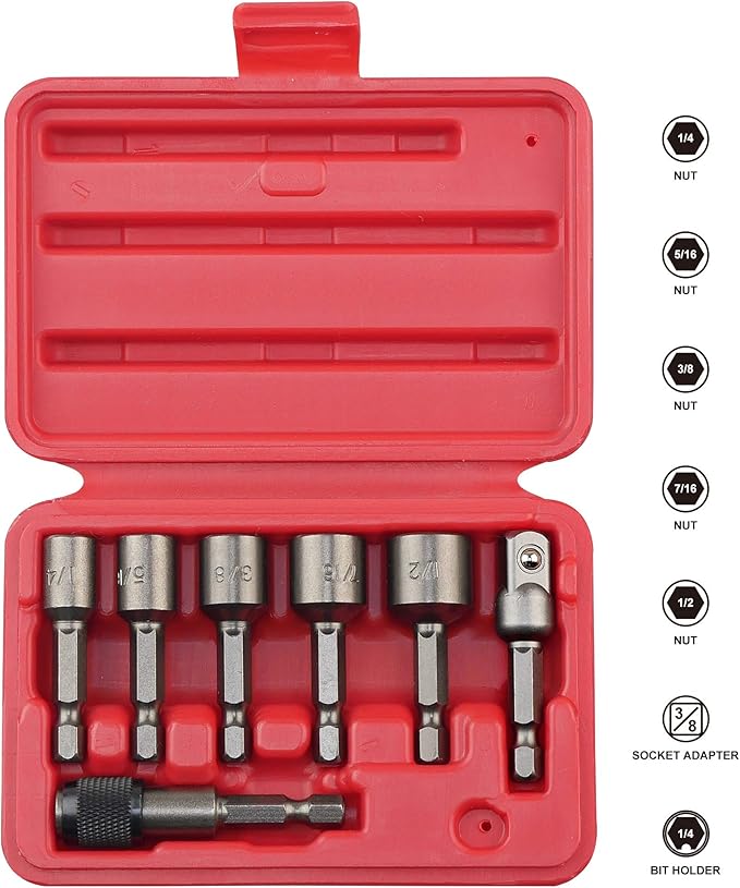 K453 Magnetic Power Nut Driver Bit Set with Socket Adapter and Extension, Quick-Change 1/4-Inch Hex Shank, SAE, 7-Piece