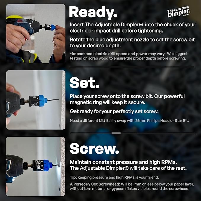 Adjustable DIMPLER ® - Drywall Bit & Screw Gun Attachment, Converts Drill into Drywall Screw Gun or Deck Screwdriver, Magnetic Bit Holder for Fast, Accurate Installation
