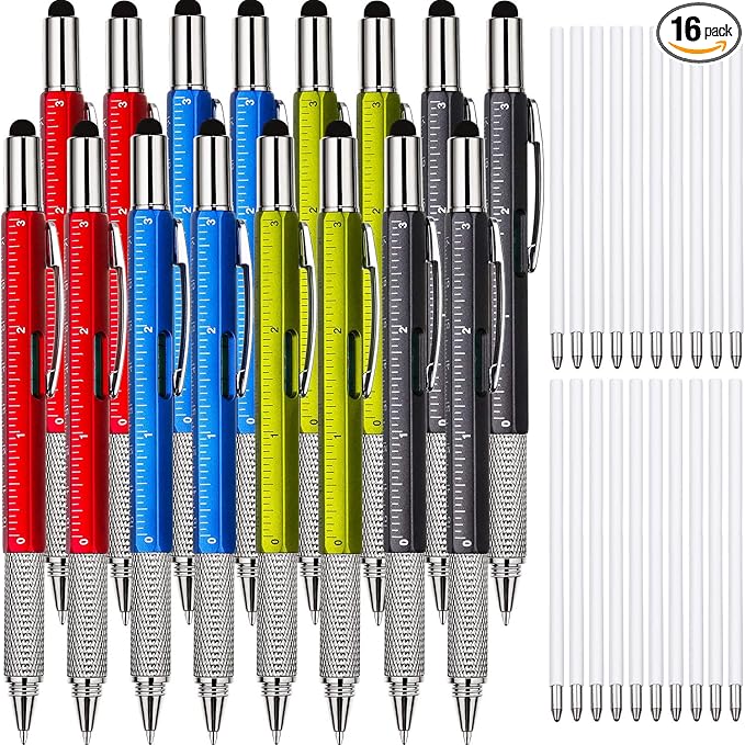 Zhanmai 16 Pcs Multitool Pens 6 in 1 Multi-tool Pen Set with Refills for Men's Birthday Gifts, Christmas Stocking Stuffers for Men Dad Husband (Red,Blue,Green,Gray)