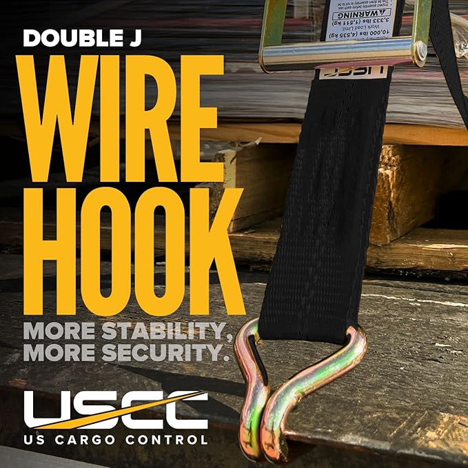 US Cargo Control Wire Hook Ratchet Straps 2 Inch x 30 Foot (4-Pack), 10,000 LBS Break Strength, Ratchet Straps Heavy Duty with Double J Hooks, Black Cargo Tie Downs for Flatbed Trailers and Trucks