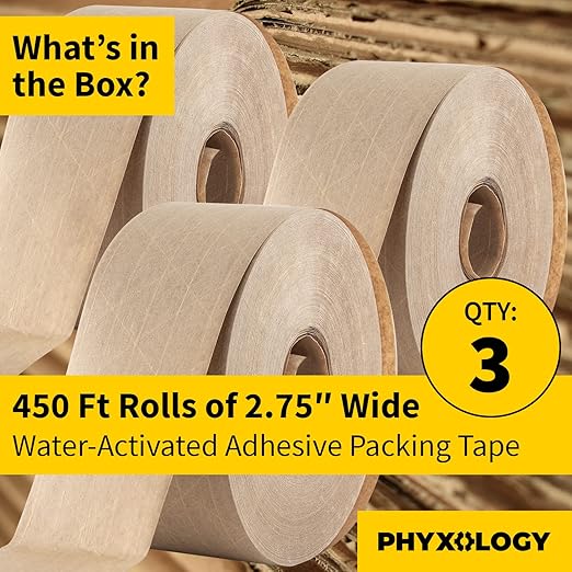Ultra Durable Water-Activated Tape for Secure Packing 3Pk. 2.75 in, 450 Ft Brown Kraft Gum Tape Provides Heavy Duty Adhesive for Packaging and Shipping. Fiberglass Reinforced for Extra Strong Bond.