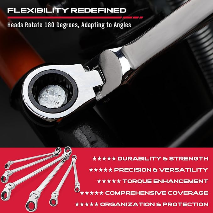 Extra Long Flex-Head Ratcheting Wrench Set, Anti-Slip 6-Piece Double Box End Wrench Set, 72-Teeth, Metric 8-19mm, CR-V Steel Wrench with Rolling Pouch