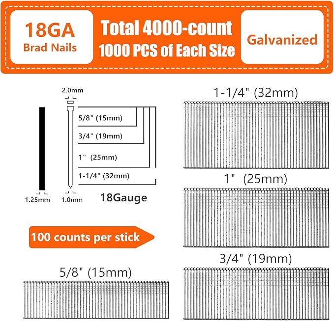 18 Gauge Galvanized Brad Nails Brown T-head 4 Sizes 4000-Pack (5/8"+3/4"+1"+1-1/4"),1000 per size, Assorted Size Project Pack, for Pneumatic, Electric 18GA Brad Nailer Gun