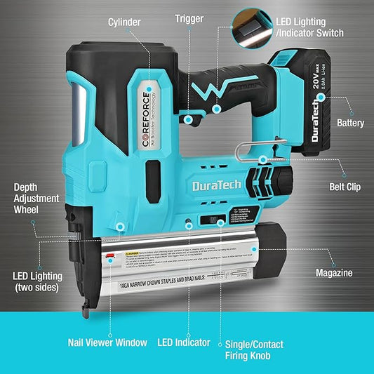 DURATECH 20V 18GA Cordless Brad Nailer, 2-in-1 Nail/Staple Gun for Carpentry & Upholstery, Including 2.0Ah Rechargeable Battery, 1H Quick Charger, 1000 Nails, 1000 Staples and Carrying Case