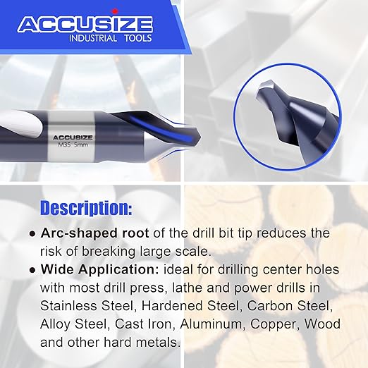 Accusize Industrial Tools (#1-#5), SAE 3.15mm-12.5mm, 6 Pc ANSI M35 (H.S.S. +5% Cobalt) TiAlN Coated Center Drill Bit Set, Metric Sizes, 3500-6002