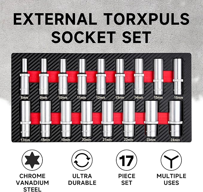 17-Piece 1/2" Drive Deep Socket Set & Tool Set - Metric (8mm-24mm) CR-V Steel with EVA Tray for Automotive | Bike | Motorcycle | Furniture | Home DIY