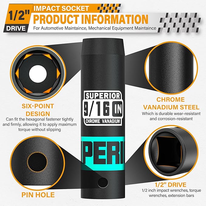 1/2" Drive Impact Socket, 9/16 inch Deep Socket, SAE, 6 Point, CR-V, for Car Repair, Loosen the Fastening Nut