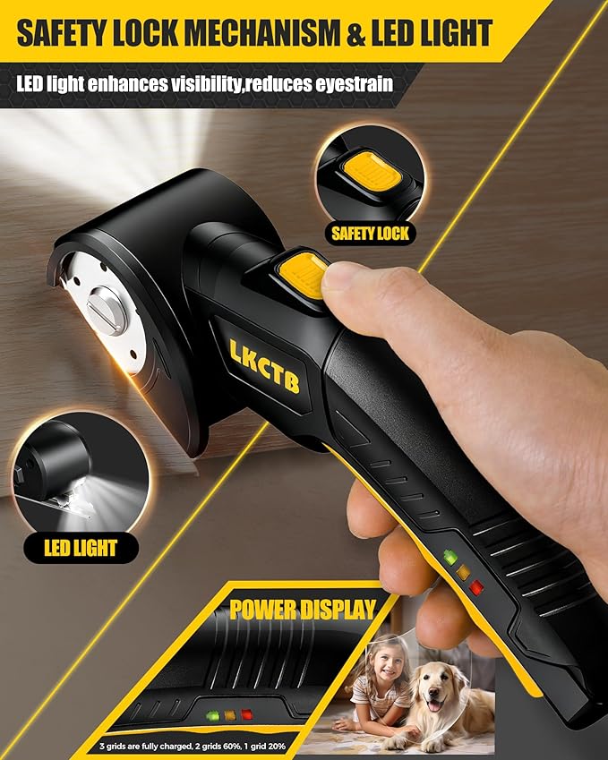 Electric Cardboard Cutter Scissors with LED Light, 3000mAh Rechargeable Battery, Brushless Motor, Tungsten Steel Blade, Cuts Cloth, Carpet, Cable Cutter Wire Rope Cutters Black and yellow