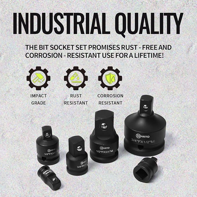 6-PC Impact Socket Adapter Set | Cr-Mo Steel | Impact Driver & Wrench Conversion Kit | Impact Socket Adapters with Ball Detent for Industrial Rotation