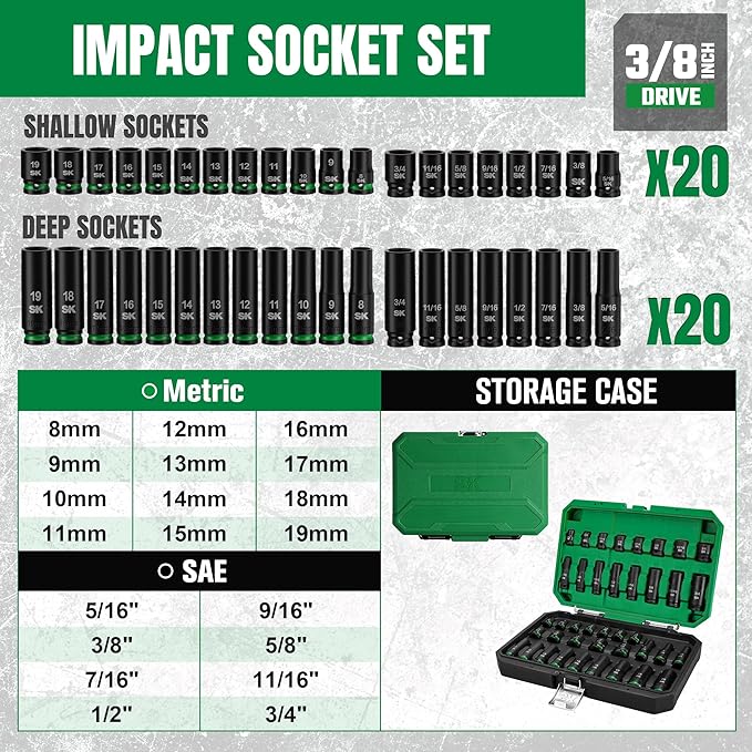 SK 3/8" Drive Impact Socket Set, 40-Piece Deep & Shallow Sockets, Metric 8 to 19mm, SAE 5/16??to 3/4?? Premium CR-MO Steel, SureGrip 6 Point Design, With Storage Case