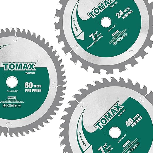 TOMAX 3 Pack Combo 7-1/4 Inch Circular Saw Blades with 5/8" Arbor, TCT ATB 24T Framing, 40T Crosscutting, 60T Finish Saw Blade for Various Wood Cutting