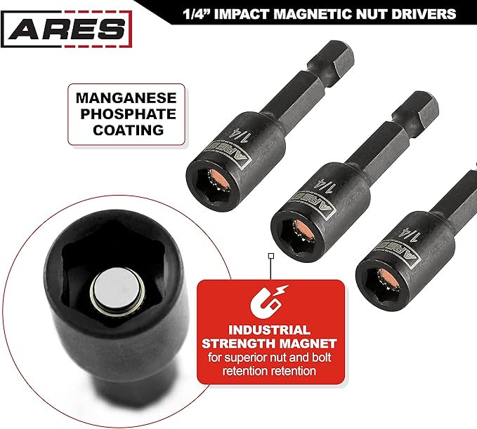 ARES 27012-3-Piece 1/4-Inch Magnetic Impact Nut Driver Bit Set - Stubby 1 3/4-Inch Length - Impact Grade Nut Setters with Industrial Strength Magnets