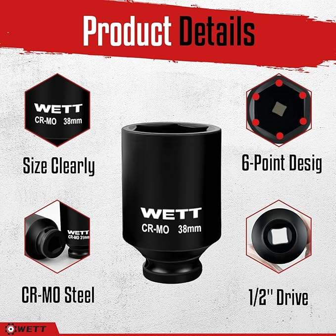 WETT 1/2" Drive Deep Large Impact Socket Set, 11-Piece Spindle Axle Nut Wheel Wrench Sockets Set, Jumbo Metric 6 Point Sockets with 3/4 to 1/2 Adapter, CR-MO, (27mm-38mm)