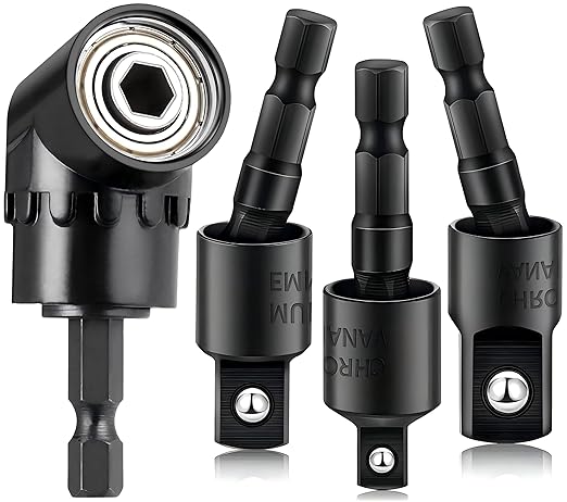 4-Piece Power Drill Sockets Adapter Sets,360째Rotatable 1/4" 3/8" 1/2" Impact Grade Driver Sockets Adapter Extension Set Drill Bit+105 Degree Right Angle Screwdriver Set Drill Hex Bit Socket Adapter