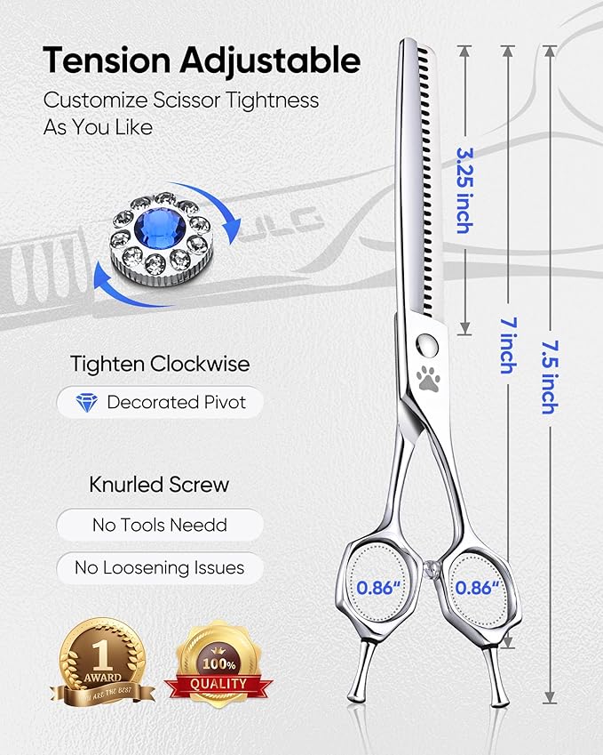 ULG Professional Dog Grooming Scissors 7.0??Straight Chunker Shear 65%-75% Thinning Rate 440C Japanese Stainless Steel Tension Adjustable Left & Right Handed Pet Grooming Shears