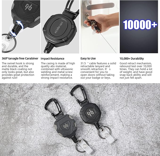 2 Pack Retractable Keychain Heavy Duty Carabiner Badge Holder, Tactical ID Badge Reel with 32??Steel Retractable Cord, 8.0 OZ