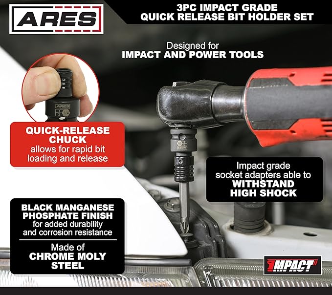 ARES 22035 ??3-Piece Impact Grade Quick Release Bit Holder Set ??1/4-Inch, 3/8-Inch, and 1/2-Inch Drive - Compatible With 1/4-Inch Hex Shank Bits - Quick Release Mechanism for Rapid Attach and Release