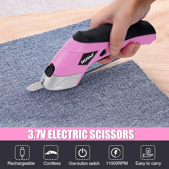 Cordless Electric Scissors,3.7V Fabric Cutter,Equipped with 2 Blades and 1 Charging line,Electric Cardboard Cutter for Fabrics,Cardboard,Carpets (Pink)