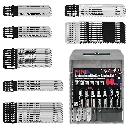 MNA Multi-Purpose Jig-Saw Blades, 50 Pieces, Assorted Jig Saw Kit Value Pack for Wood, Plastic and Metal Cutting with Carry Case
